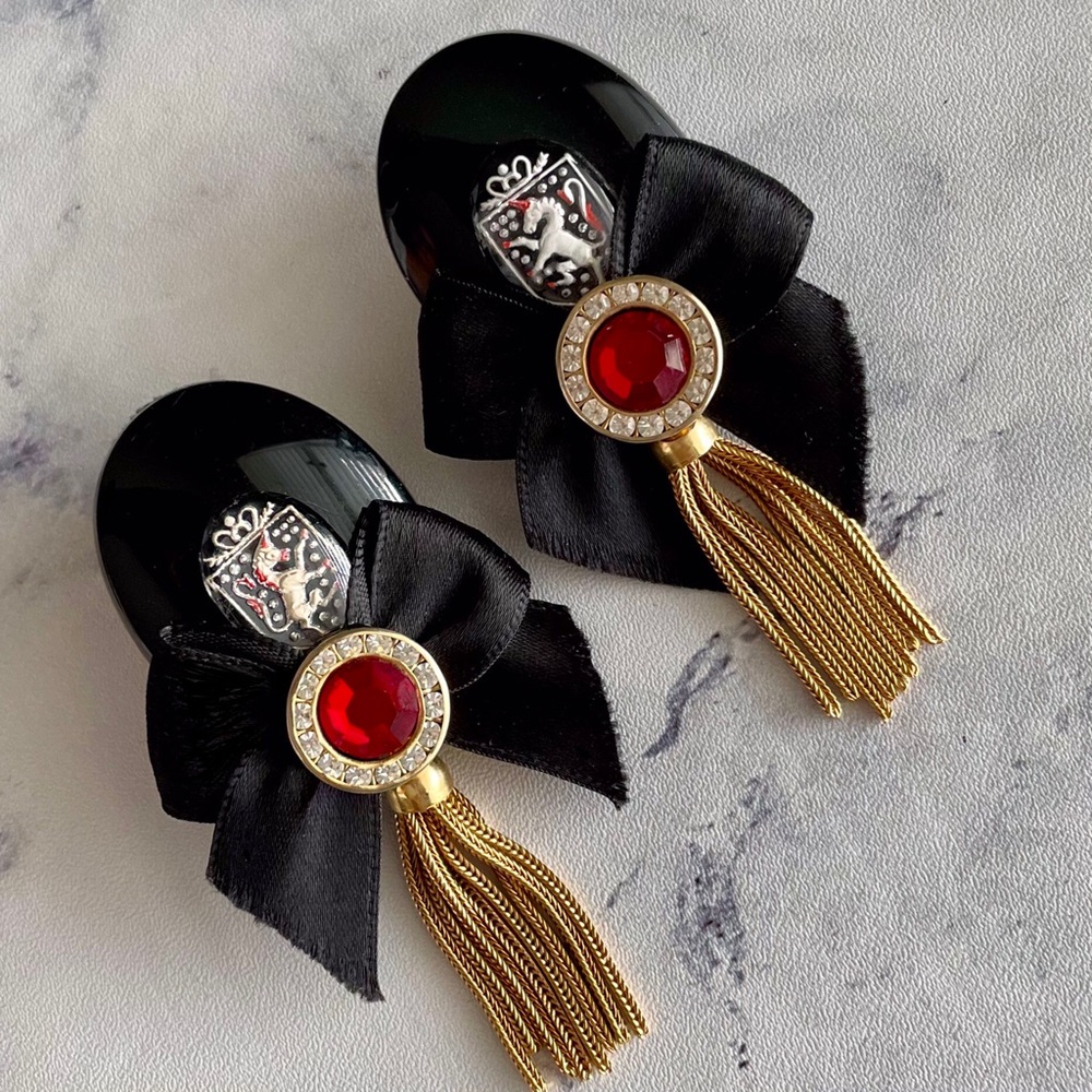 Ferrari Black & Red Crystal Rhinestone Bezel Bow 🎀 & Gold Chain Tassels